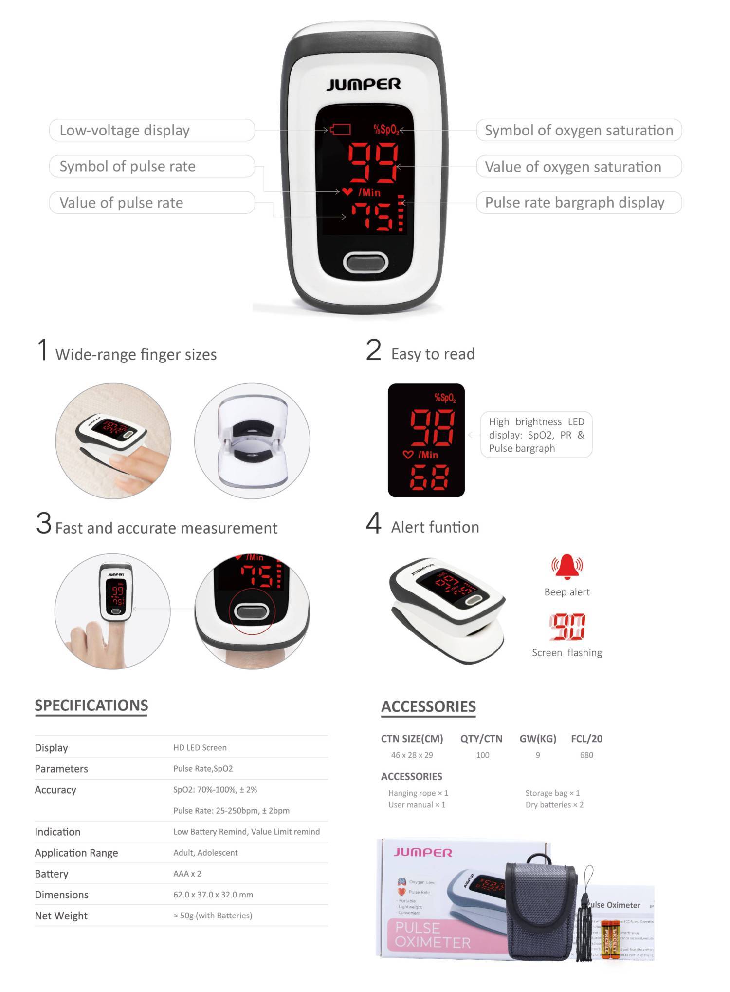 Jumper LED Version Pulse Oximeter (JPD-500E) (MDA certified - 1 year warranty) - Image 4